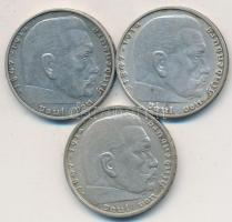 Német 3. Birodalom 1938A,B,D 2M Ag "Hindenburg" (3x) T:2,2-
German Third Reich 1938A,B,D 2...