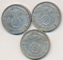 Német 3. Birodalom 1939A,B,D 2M Ag "Hindenburg" (3x) T:2,2- German Third Reich 1939A,B,D 2 Mark Ag "Hindenburg" (3x) C:XF,VF