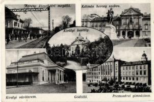 Gödöllő, Ferenc József téri megálló, Kálmán herceg szobra, Királyi váróterem, Premontrei gimnázium (EB)