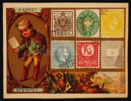 cca 1880 Magyarország bélyegei litho gyűjtő kártyán / Stamps of Hungary on litho collecting card 11x8 cm