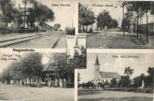 Nagyszénás, vasútállomás, Főutca, Hangya, Római katolikus templom, Evangélikus templom