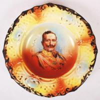 Fali dísztányér II. Vilmos császár képével, matricás, jelzés nélkül, apró mázhibákkal, d:19 cm