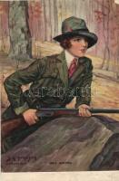 Hunting lady, 66N-5. artist signed (wet damage)