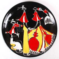 Modern iparművész tál, kézzel festett máza kerámia, jelzett, hibátlan, d:19 cm