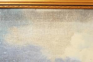 Jelzés nélkül: Teherhajó. Olaj, vászon, keretben, sérült vászon, 60×80 cm