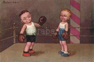 Boxing match, children, crying, humour, Italian art postcard s: Colombo (EK)
