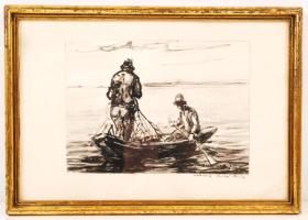 Bokor Dénes: Halászok. Tus, papír, jelzett, üvegezett keretben, 15×19 cm