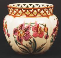 Zsolnay áttört, kézzel festett virágmintás porcelán kaspó, hibátlan, jelzett, m: 10 cm, d: 9 cm / Handpainted Zsolnay pot
