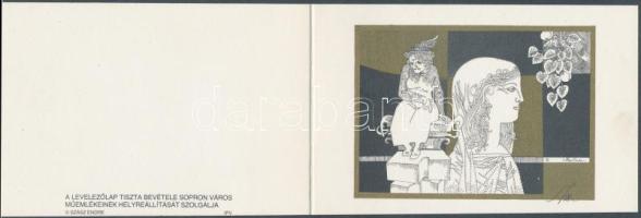 8 db MODERN használatlan kinyitható motívumlap; művész, szignózott: Szász Endre; segélylap Sopronért / 8 modern unused folding artcards, signed by Szász Endre; charity card for Sopron
