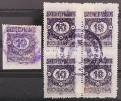 1919 Szegedváros 10K 3 oldalon vágott bélyeg + 10K négyestömb