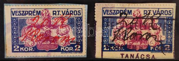 1920 Veszprém városi illetékbélyeg 20K/2K pirossal, 20K/2K feketével átértékelve