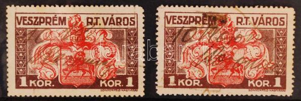 1920 Veszprém városi illetékbélyeg 2 x 10K/1K átértékelve