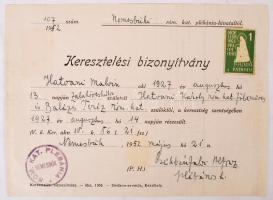 1952 Nemesbük, Római katolikus keresztelési bizonyítvány illetékbélyeggel