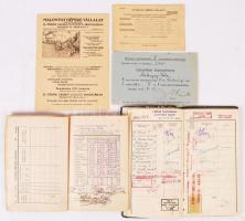 1928-1942 Malonyay Béla elemi népiskolai értesítője, leckekönyve illetékbélyegekkel(benne Eckhart Ferenc aláírásával), újraoltási bizonyítványa, Malonyay Gépeke Vállalat szórólapja, levelezőlap