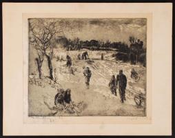 Aszódi Weil Erzsébet (1901-1976): Gellérthegyi hó. Rézkarc, karton, jelzett, foltos, 24×30 cm