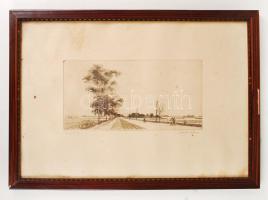 Zádor István (1882-1963): Tanyavilág. Rézkarc, papír, jelzett, üvegezett keretben, 29x14 cm