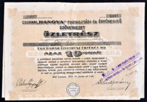 Csorna 1918. "Csornai 'Hangya' Fogyasztási és Értékesítő Szövetkezet" üzletrésze 10K-ról szelvényekkel, pecsételéssel T:III