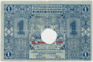 Montenegró 1912. 1P "1914.07.25" felülnyomással, lyukasztással érvénytelenítve T:III  Montenegro 1912. 1 Perper with "25.07.1914" overprint, cancelled with a hole C:F