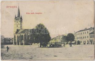 Eperjes, Római katolikus templom, Cattarino üzlete, Divald K. fia / Roman catholic church, shop (fa)