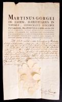 1807 Buda, Görgey Márton görgői és toporci püspök (1740-1807) által kiadott latin nyelvű dokumentum szárazpecséttel, püspöki aláírással