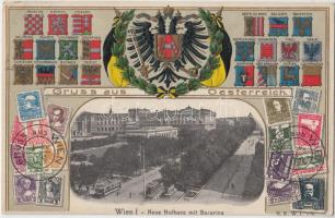 Vienna, Wien I. Neue Hofburg mit Burgrina, tram, K.u.K. stamps, coat of arms Emb. litho
