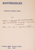 Kenyérszegés. Jankovich Ferenc versei. Dedikált! Párizs, 1932, Bartha Miklós Társaság. Kiadói papírk...