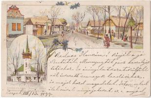 1899 Budapest Ezredéves Országos Kiállítás, Magyar utca és templom 2 Kr Ga. litho s: Cserna Ga.