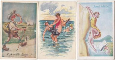10 db főként RÉGI magyar humoros grafikai lap, szignózott: Kaszás Jámbor, Gyulai, Thiele / 10 mostly old Hungarian humorous graphic postcard