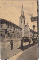 Nagyvárad, zárda, Kern és Petrovics fűszer és csemege kereskedése az aranya kereszthez / nunnery, shop, tram (Rb)