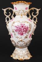 Hollóházi virágmintás, aranyozott, nagyméretű füles váza, matricás, jelzett, hibátlan, m:35 cm / Hollóházi chinaware vase