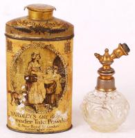 2 db régi parfümös üveg és fém piperés flaska, m:9 és 12 cm