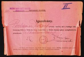 1919 Tanácsköztársasági igazolás zenész részére a katonai szolgálatra való alkalmatlanságról