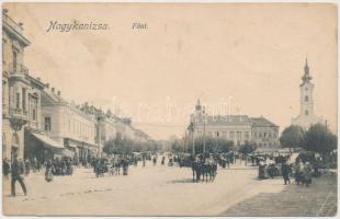 Nagykanizsa, Főút, piac, templom, üzletek, Schwarz és Tauber (fa)