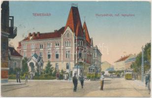 Temesvár, Hunyadi út, Református templom, villamos / street, calvinist church, tram