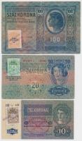 1912. 100K + 1913. 20K + 1915. 10K mindhárom K.u.k. Montenegrói bélyeggel és pecsételéssel T:III
