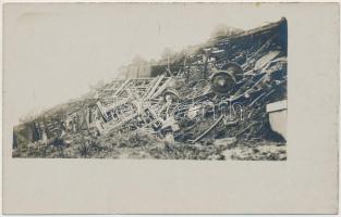 Blown up German München train on the railway embankment, accident photo