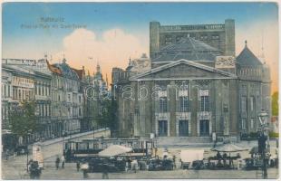 Katowice, Kattowitz; Friedrich Platz, Stadt-Theater / square, theatre, market, autobus, shops