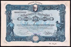 Esztergom 1923. "Hangya Fogyasztási és Értékesítő Szövetkezet" jubileumi szövetkezeti üzletrész 1000K-ról, felülbélyegzéssel és szelvényekkel T:II