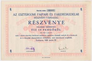 Esztergom 1926. "Az Esztergomi Faipari És Fakereskedelmi Részvény-Társaság" részvénye 10P-ről (2x) szárazpecséttel és szelvényekkel T:I-