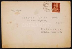 1944 Bp., Egy magyar királyi folyamőrhadnagy eljegyzési értesítője borítékkal