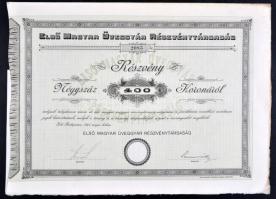 Budapest 1894. "Első Magyar Üveggyár Részvénytársaság" részvénye 400K-ról, szárazpecséttel és szelvényekkel T:I-