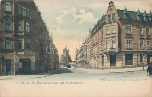 Halle an der Saale, Bismarckstrasse mit Paulskirche / Bismarck street, church, Edmund Schumann's shop