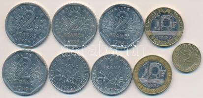 Franciaország 1974-1976. 1Fr (2x) + 1979-1994. 2Fr (4x) + 1984. 5c + 1988-1989. 10Fr (2x) T:2 France 1974-1976. 1 Franc (2x) + 1979-1994. 2 Francs (4x) + 1984. 5 Centimes + 1988-1989. 10 Francs (2x) C:XF