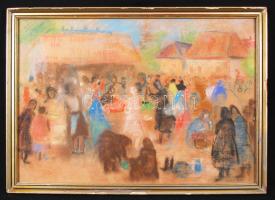 Molnár Róza (1900-1977): Piaci jelenet. Pasztell, karton, üvegezett keretben, 40×60 cm