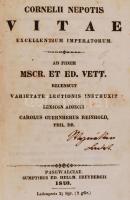Cornelius Nepotius: Cornelii Nepotis Vitae. Excellentium imperatorium. Pasewalciae, 1840. Sumptibus ed. Hellm. Freybergii. 138p. MInden második lap jegyzetlap. Papír kötésben. / Every second page is for notes. In paper binding