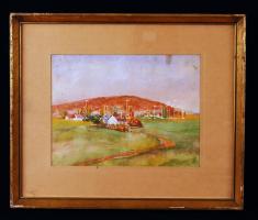 Végvári Greckó: Faluhatár. Akvarell, papír,, jelzett, üvegezett keretben, 21×27 cm