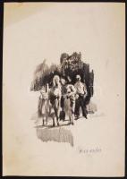 Schubert Ernő (1903-1960): Várakozók, tanulmány rajz. Ceruza, papír, jelzett, leltári számmal, hátoldalán hagyatéki pecsét, 19×14 cm