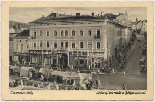 Marosvásárhely, Széchenyi tér, Bólyai utca, Kalap király, Dr. Joós Andorné és Boskovics Ferenc üzlete, Transsylvánia Szálloda, City Cukrászda, piac  / square, street, hat shop, hotel, confectionery, automobile, market (Rb)