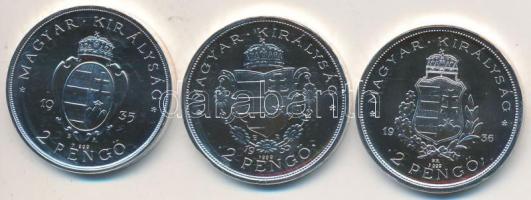 1935. 2P Ag "Pázmány" + 1935. 2P Ag "Rákóczi" + 1936. 2P Ag "Liszt Ferenc" színezüst utánveret-sor dísztokban, tanúsítvánnyal T:1