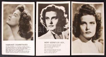 cca 1930-1940 Karády Katalin (1910-1990) színésznőt ábrázoló 3 db fotólap, feliratozva, 9x14 cm